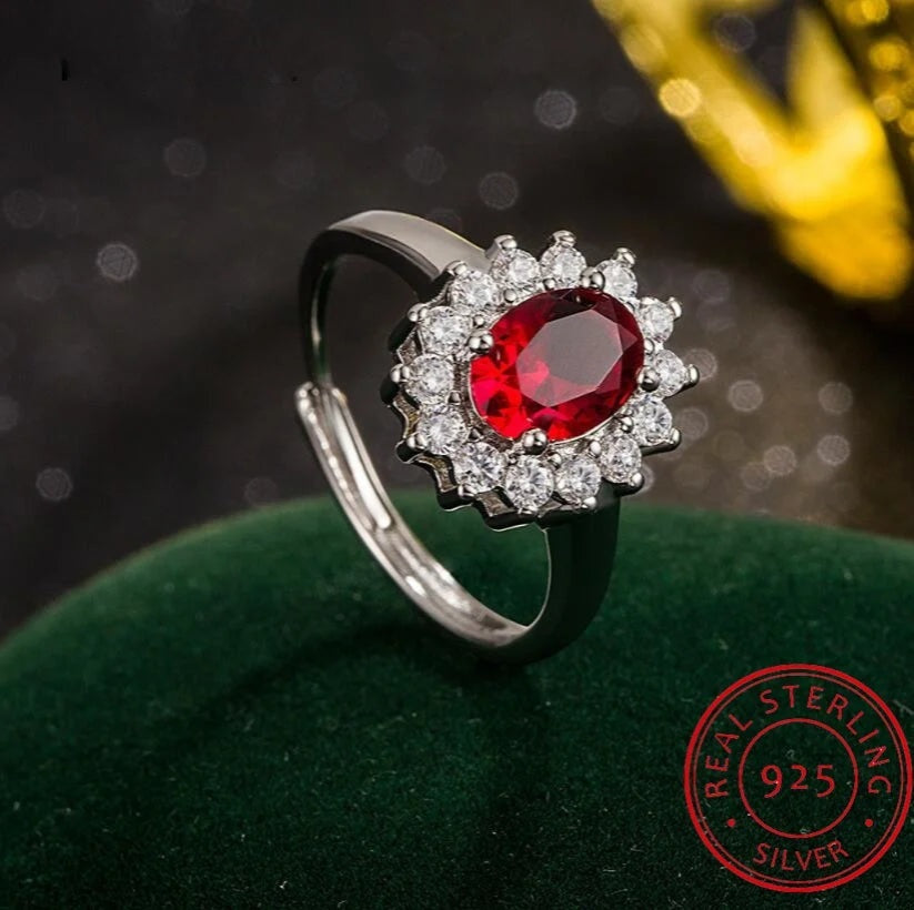 Adjustable 2.5ct Red Garnet Silver Wedding Ring