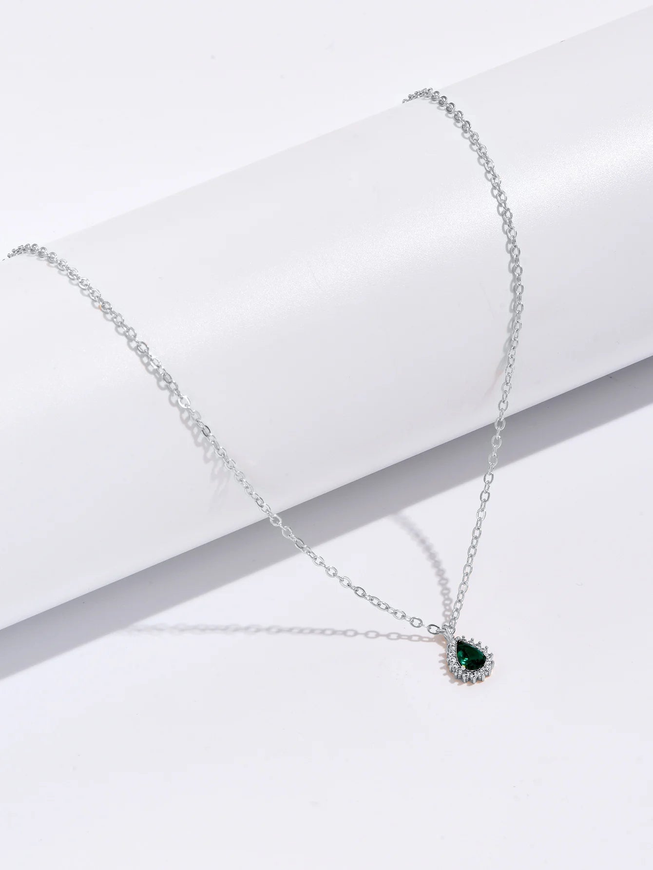 Silver Necklace Emerald Teardrop Diamond