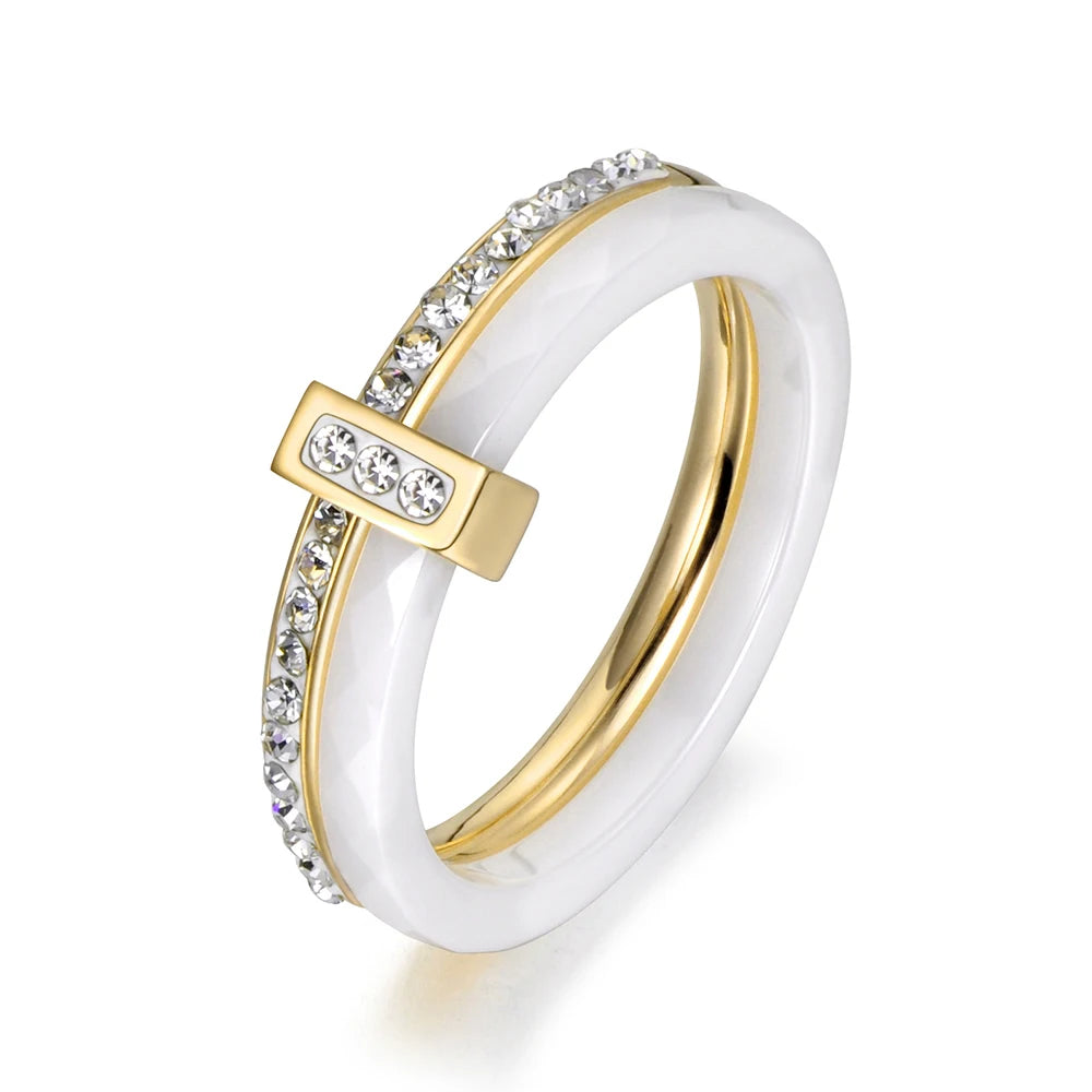 White Ceramic Yellow Gold Stainless Steel Ring