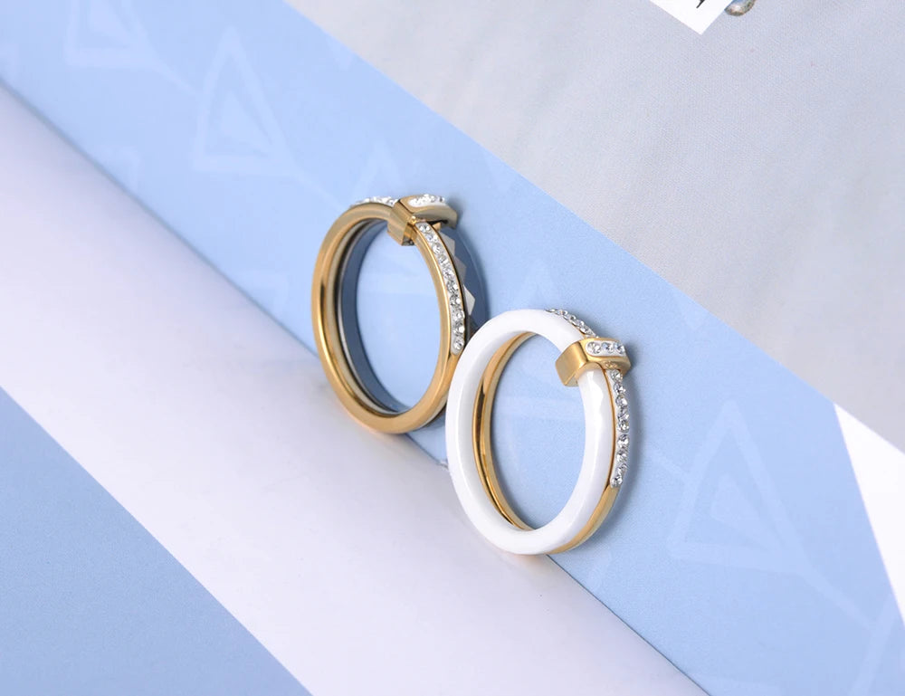 White Ceramic Yellow Gold Stainless Steel Ring