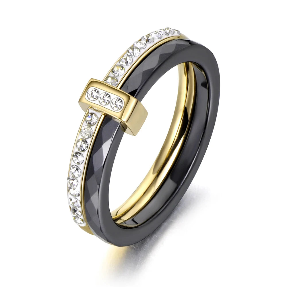 White Ceramic Yellow Gold Stainless Steel Ring