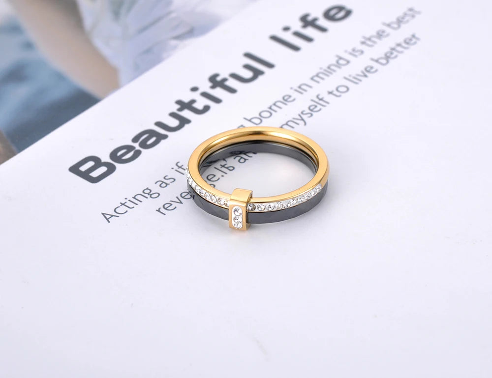 White Ceramic Yellow Gold Stainless Steel Ring