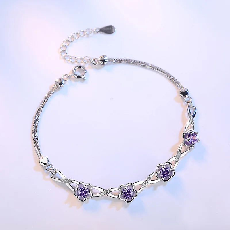 Purple S925 Sterling Silver Flower Bracelet