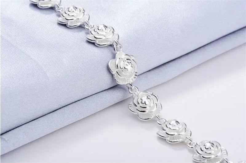 Rose Flower Chain Silver Bracelet