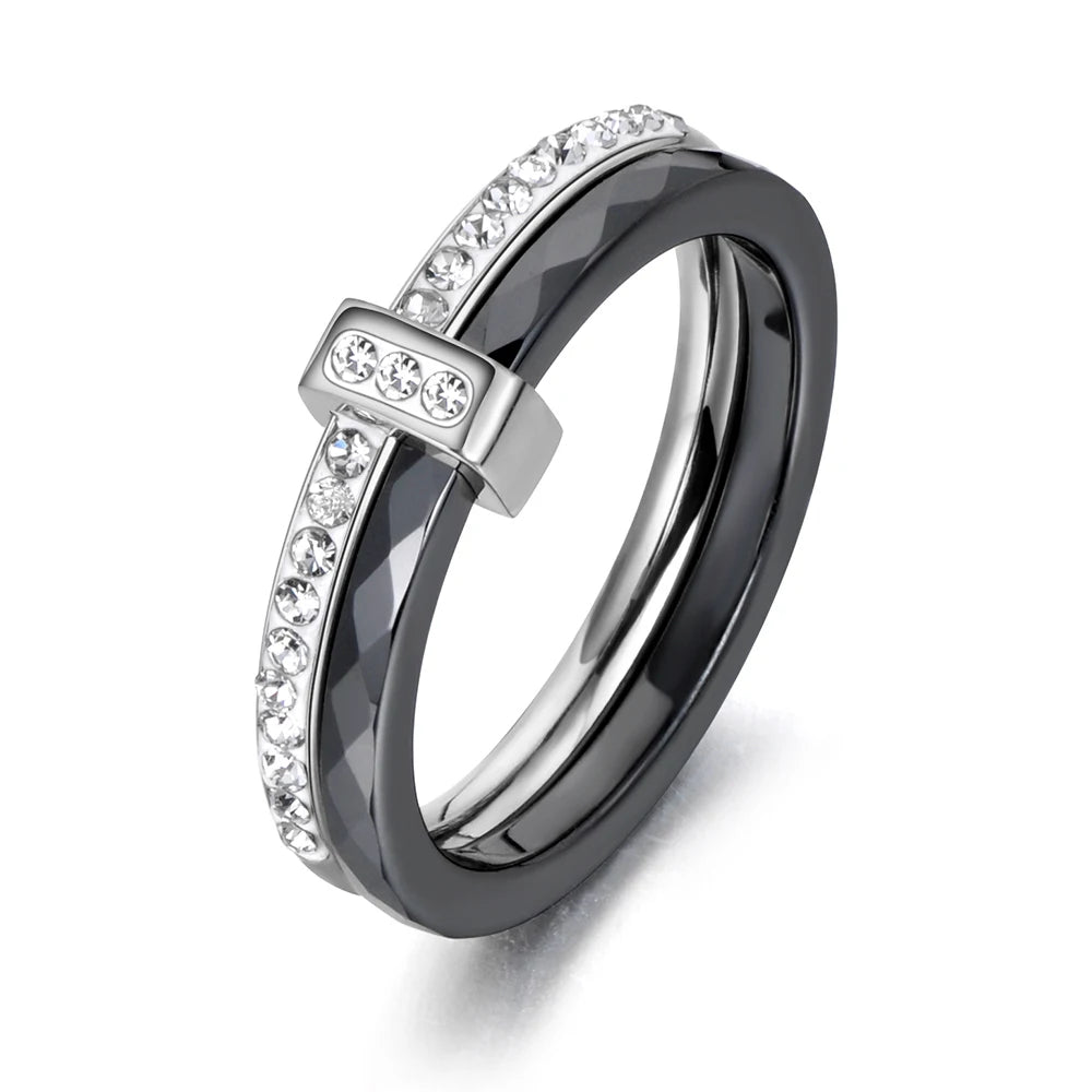 Black Ceramic White Gold Stainless Steel Diamond Ring