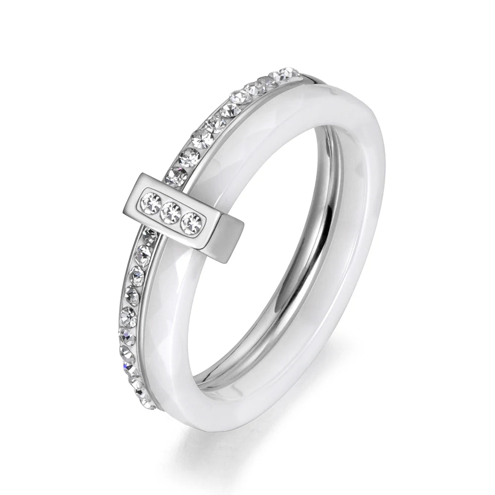 White Ceramic  White Gold Stainless Steel Diamond Ring