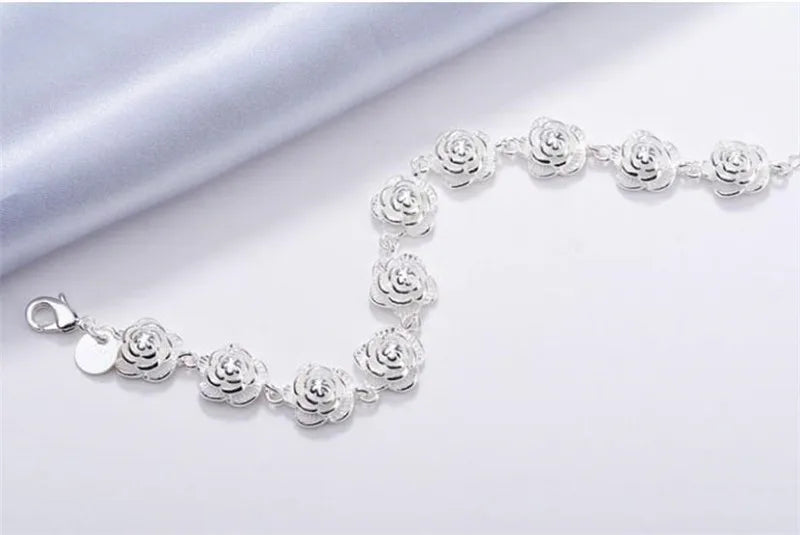 Rose Flower Chain Silver Bracelet