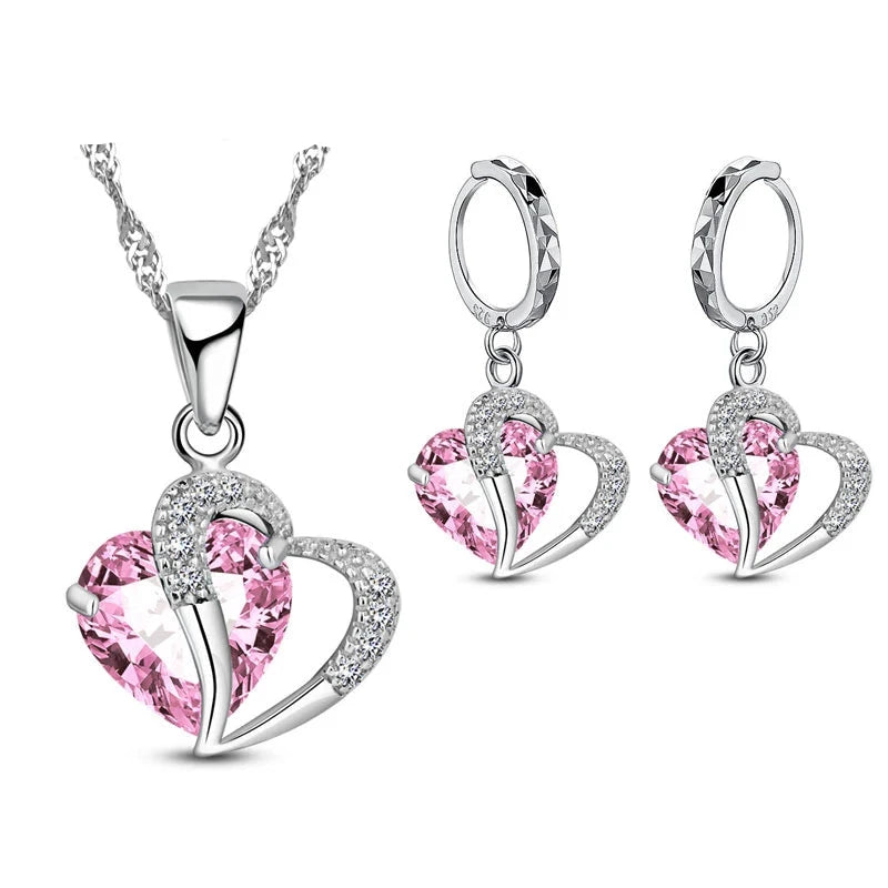 Pink Heart 925 Sterling Silver Jewelry Set