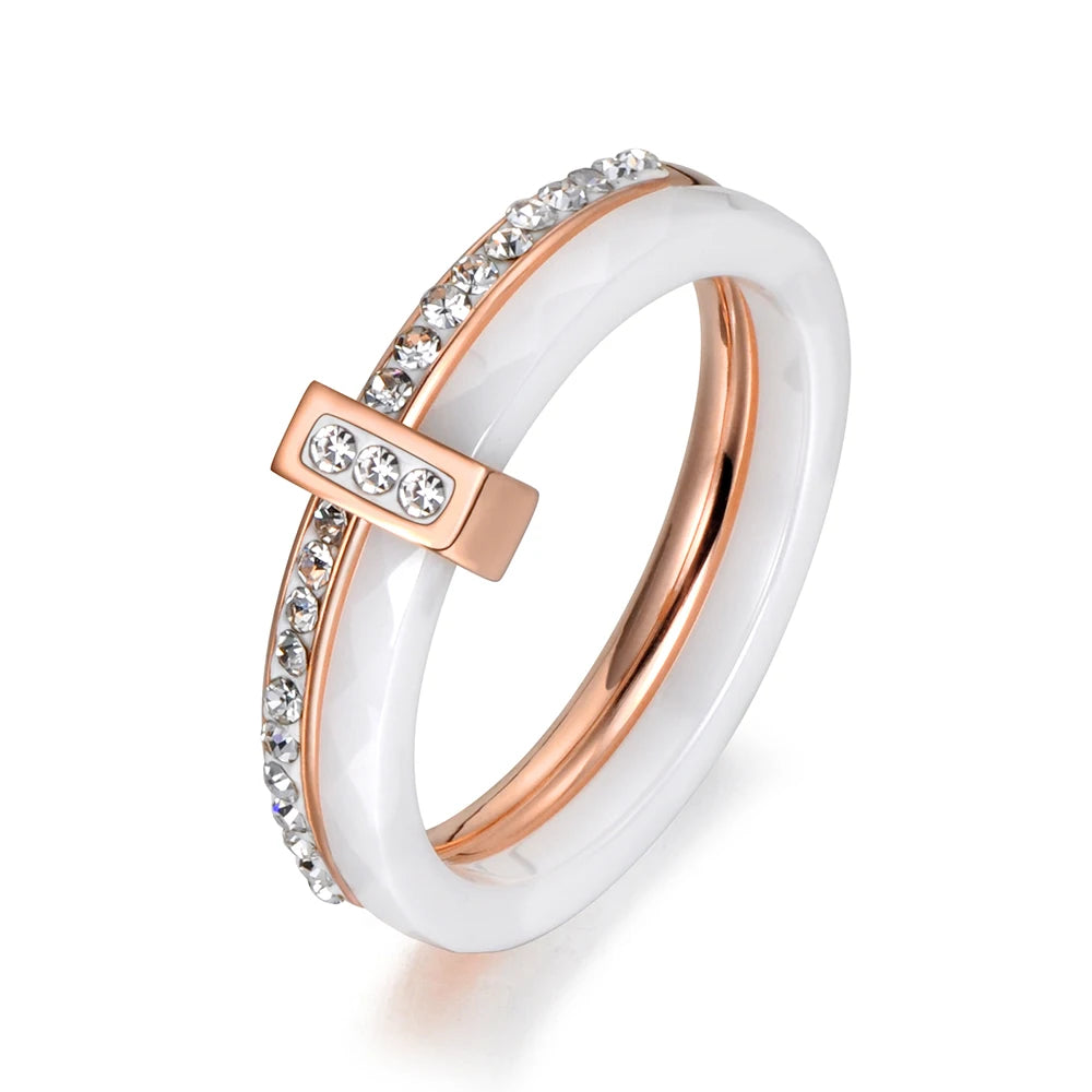 White Ceramic Rose Gold Stainless Steel Diamond Ring