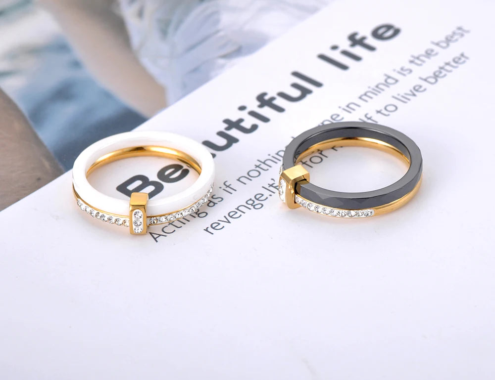 White Ceramic Yellow Gold Stainless Steel Ring