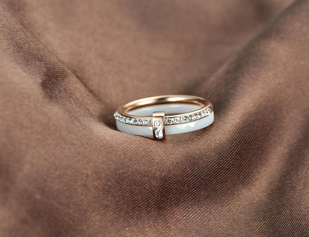 White Ceramic Rose Gold Stainless Steel Diamond Ring