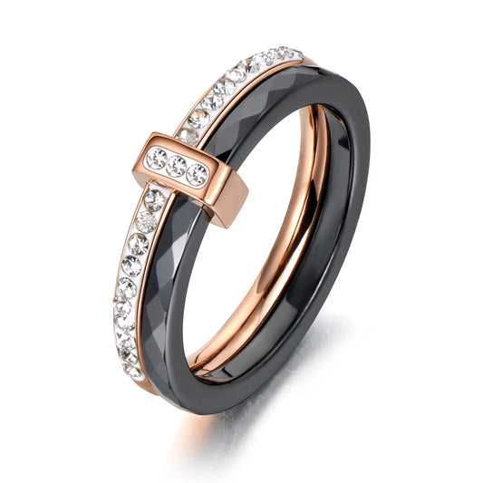 Black Ceramic Rose Gold Stainless Steel Diamond Ring