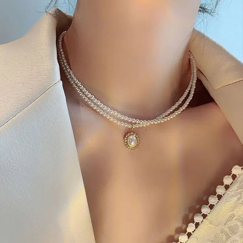 Layered Pearl Choker Collar