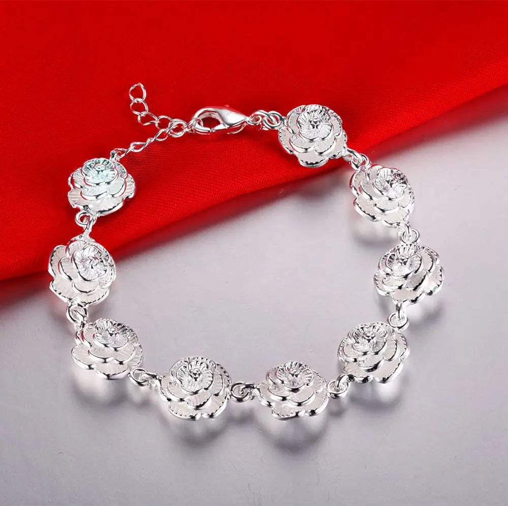 Rose Flower Chain Silver Bracelet