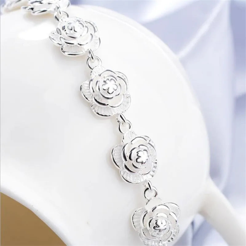 Rose Flower Chain Silver Bracelet