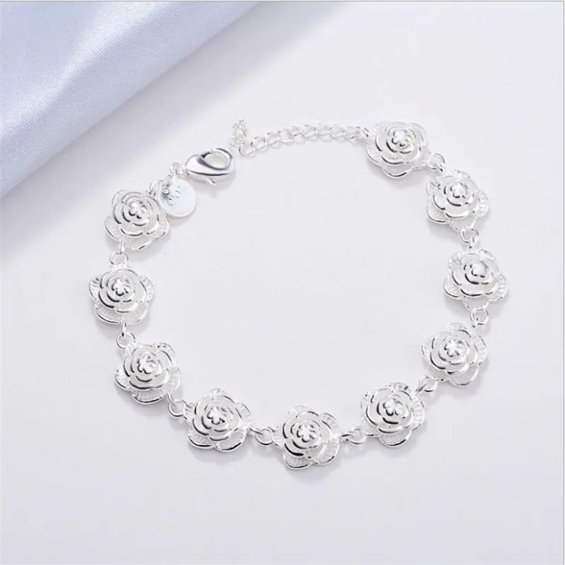 Rose Flower Chain Silver Bracelet