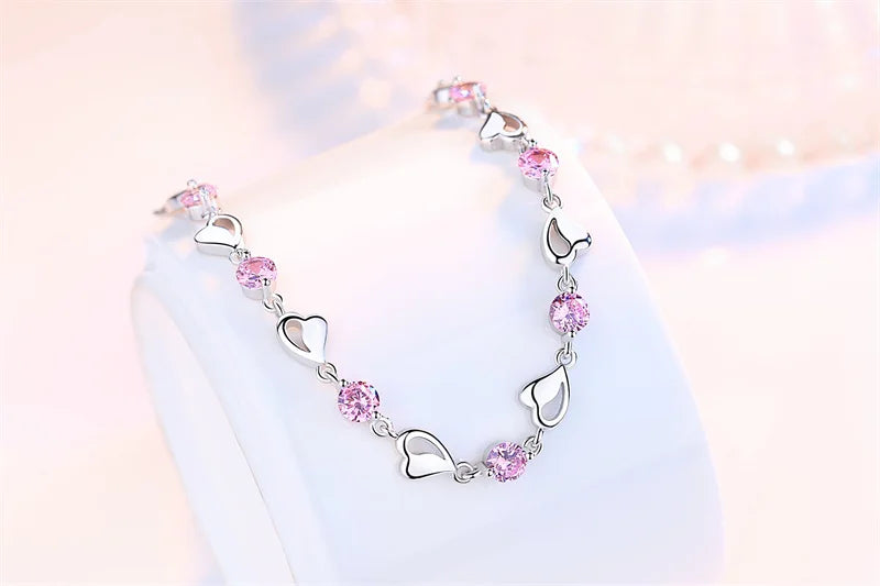 Sterling Silver Pink Heart-Shaped Bracelet