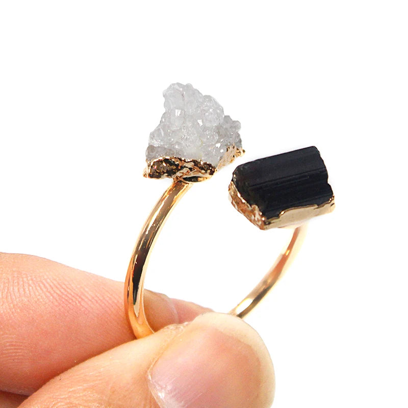 Druzy Stone Black Tourmaline Adjustable Ring