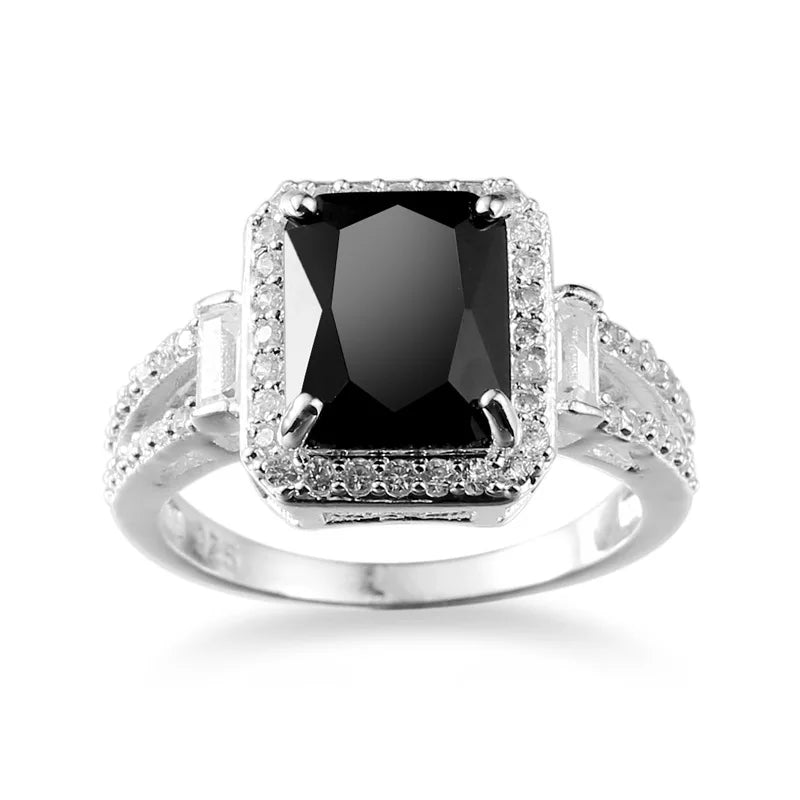 Black Rectangle Zircon Silver Ring