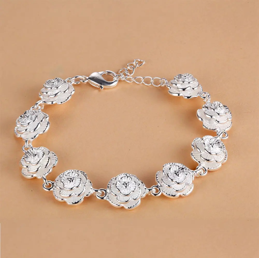 Rose Flower Chain Silver Bracelet