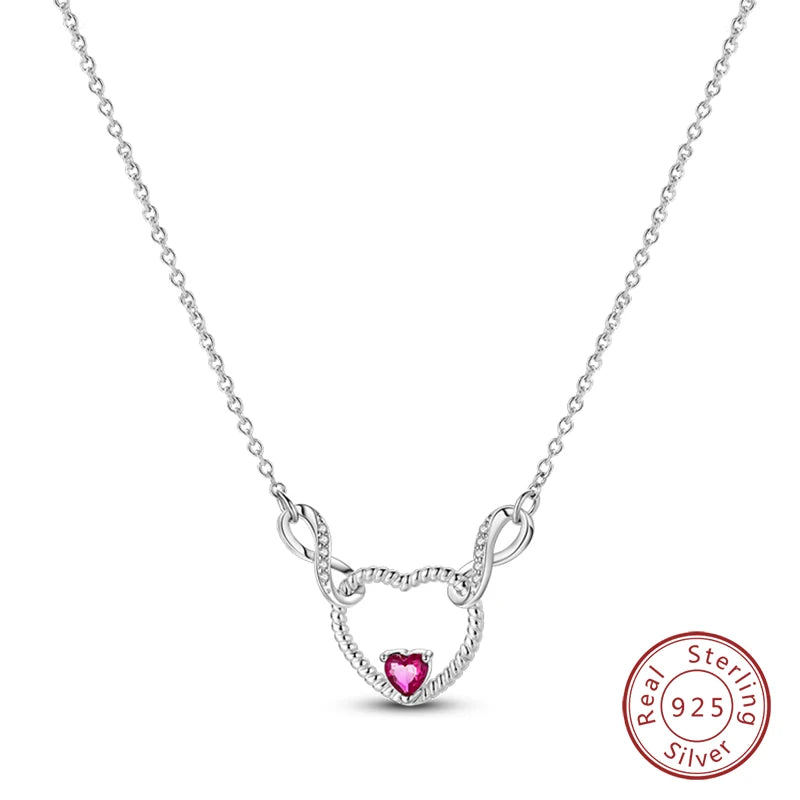 Pink Heart With Diamond Silver Necklace