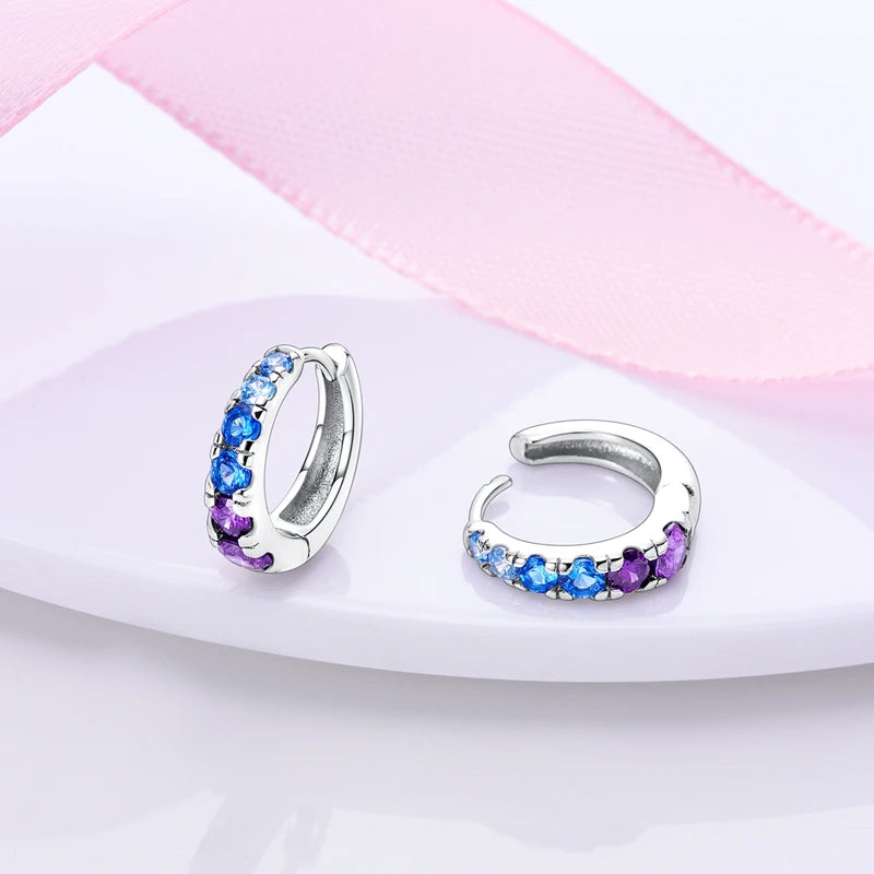 Blue Diamond Silver Hoop Earrings