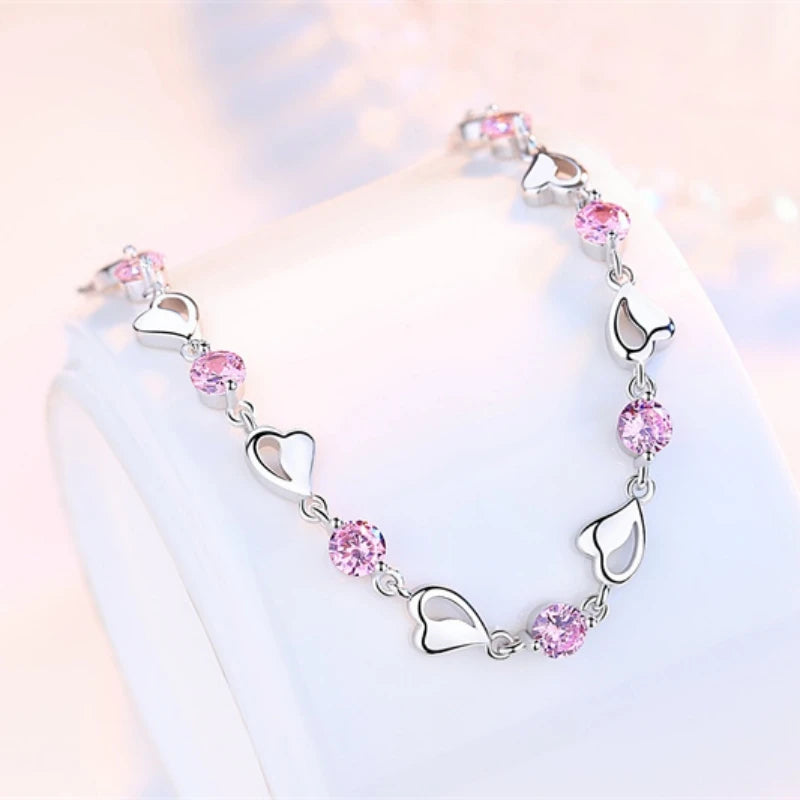 Sterling Silver Heart-Shaped Diamond Bracelet