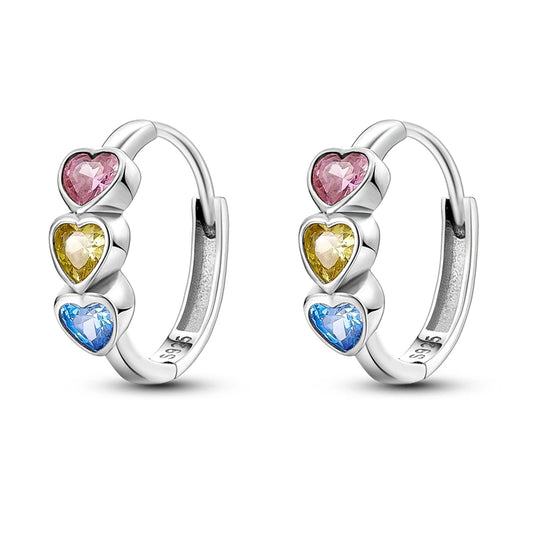 3 Hearts 925 Silver Women Hoop Earrings