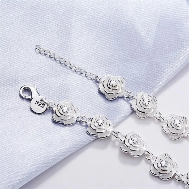 Rose Flower Chain Silver Bracelet