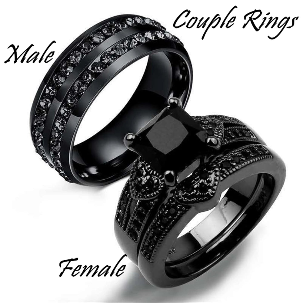 2 Pcs Black Full Zircon Stainless Steel Ring