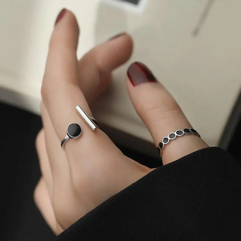 Fashion Silver Black Round Open Rings