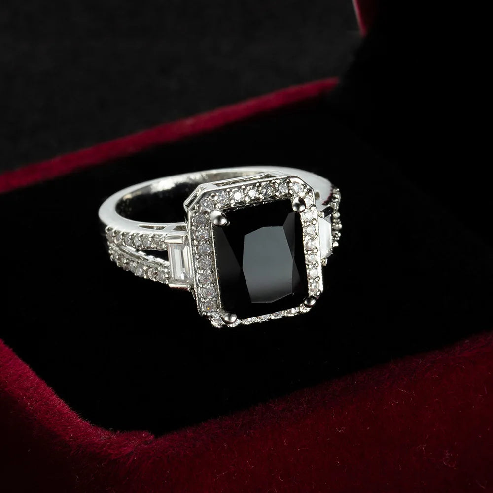 Black Rectangle Zircon Silver Ring