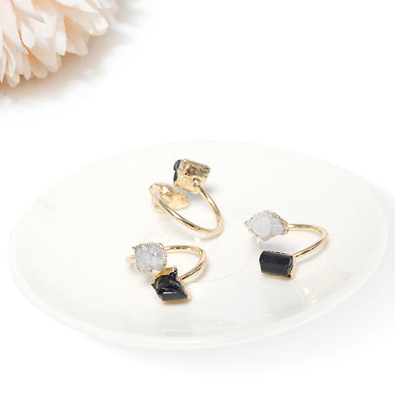 Druzy Stone Black Tourmaline Adjustable Ring