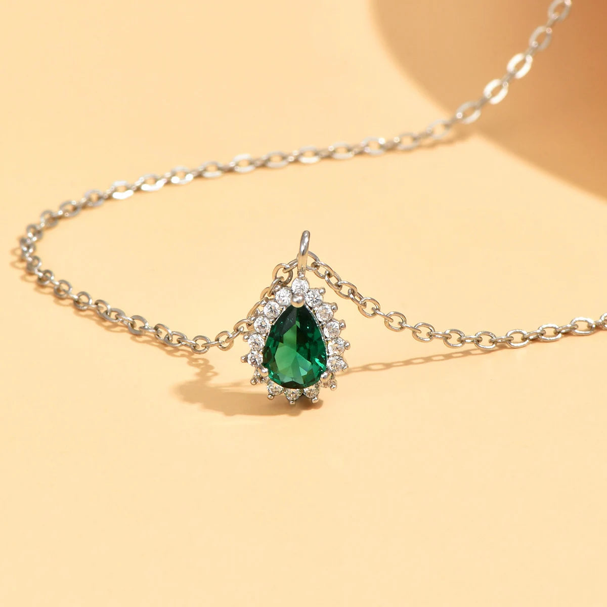 Silver Necklace Emerald Teardrop Diamond