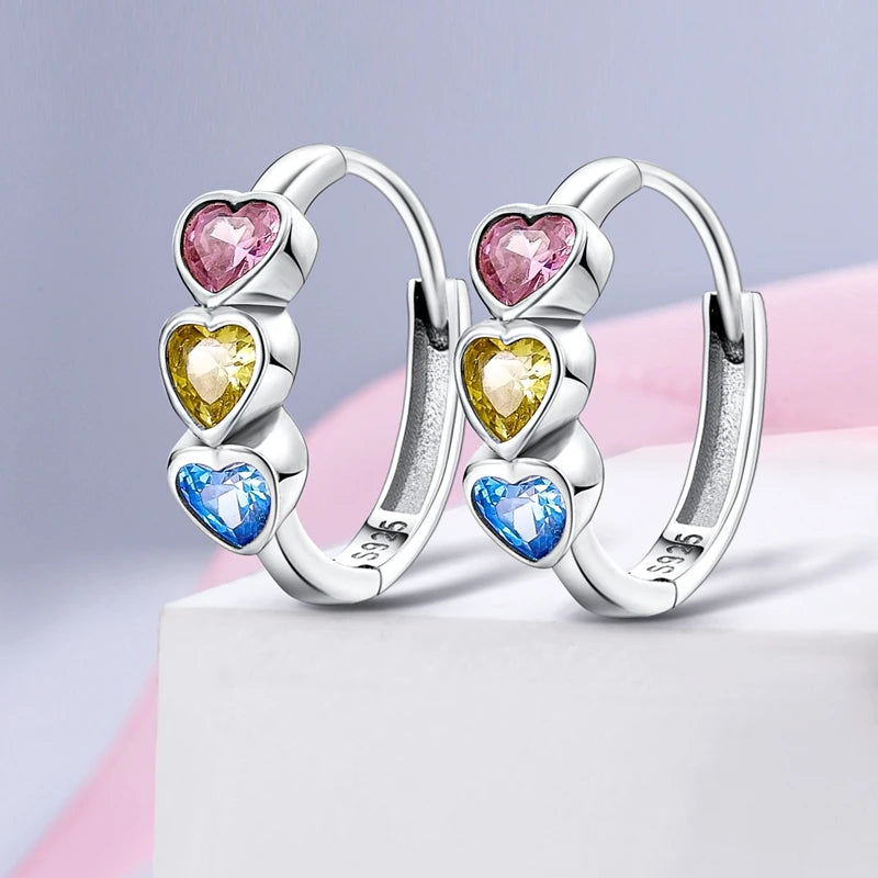 3 Hearts 925 Silver Women Hoop Earrings