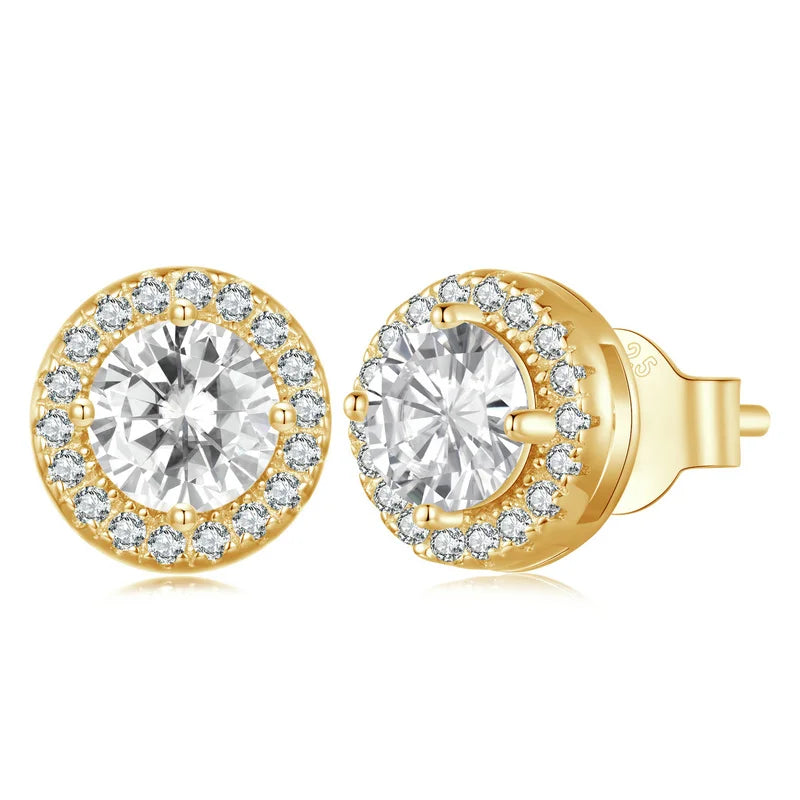 Round Gold Stud Earrings 925 Sterling Silver