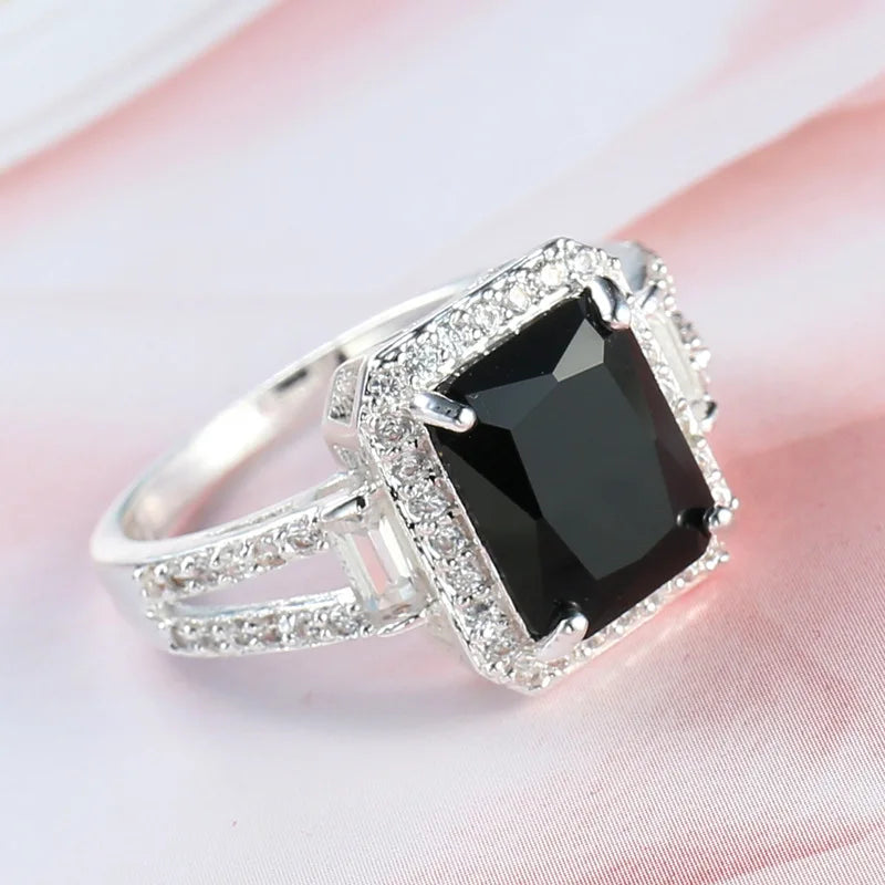 Black Rectangle Zircon Silver Ring