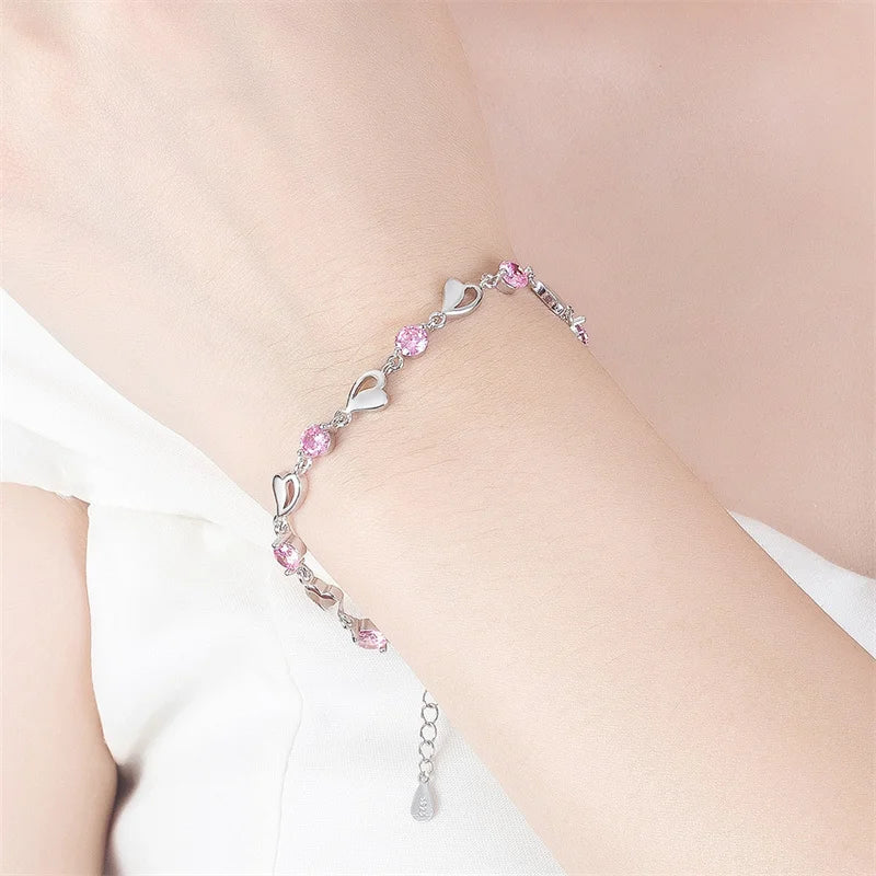 Sterling Silver Pink Heart-Shaped Bracelet