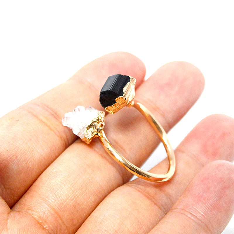 Druzy Stone Black Tourmaline Adjustable Ring