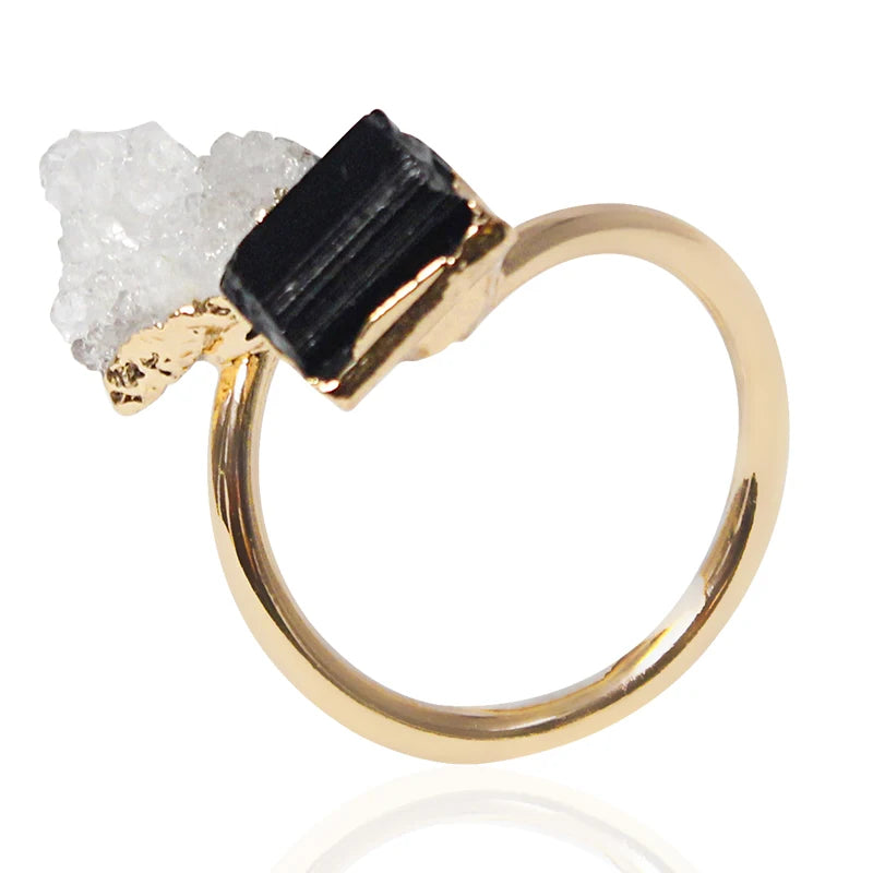 Druzy Stone Black Tourmaline Adjustable Ring