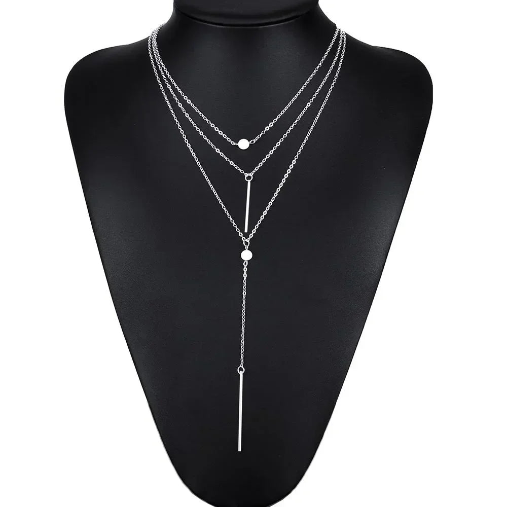 Silver Multi layered With Long Pendant Necklace