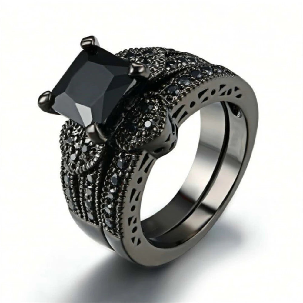 2 Pcs Black Full Zircon Stainless Steel Ring