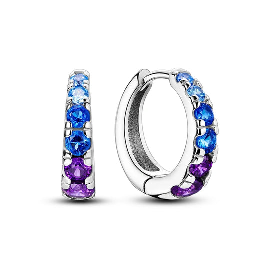 Blue Diamond Silver Hoop Earrings