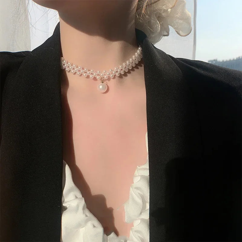 Multilayer Pearl Choker Necklaces