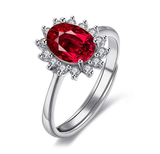 Adjustable 2.5ct Red Garnet Silver Wedding Ring