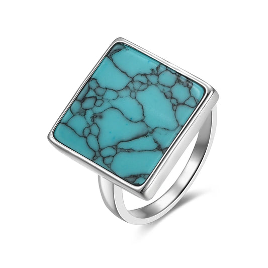 Square Blue Marble 925 Sterling Silver Ring