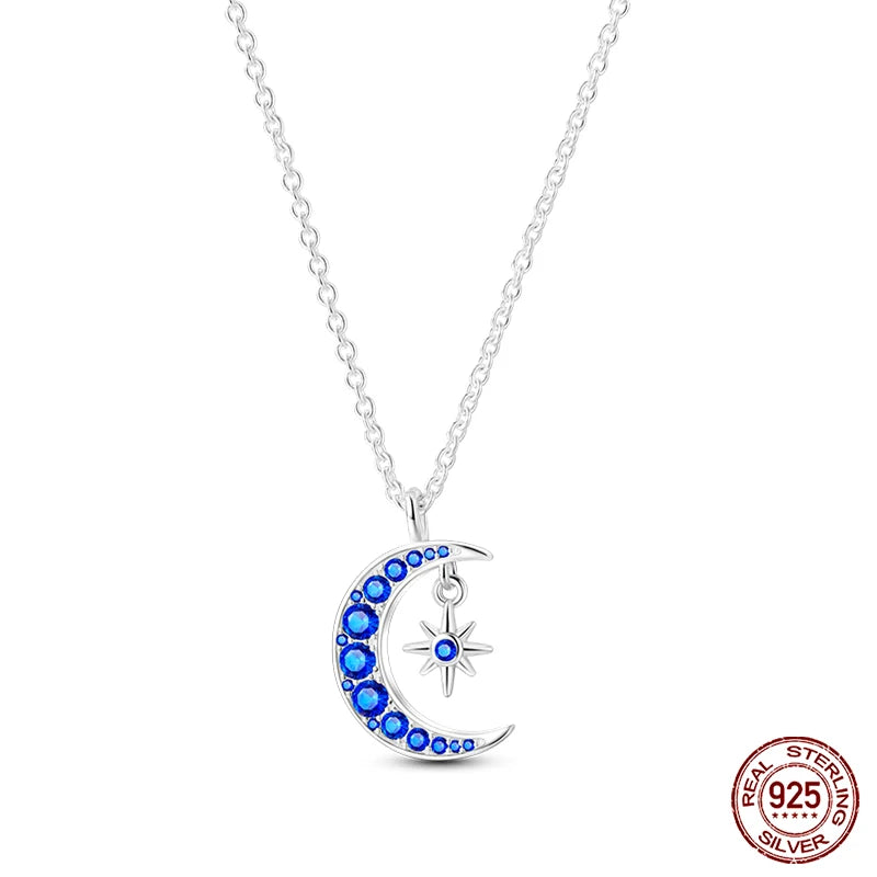 Blue Diamond Moon Pendant Silver Necklace