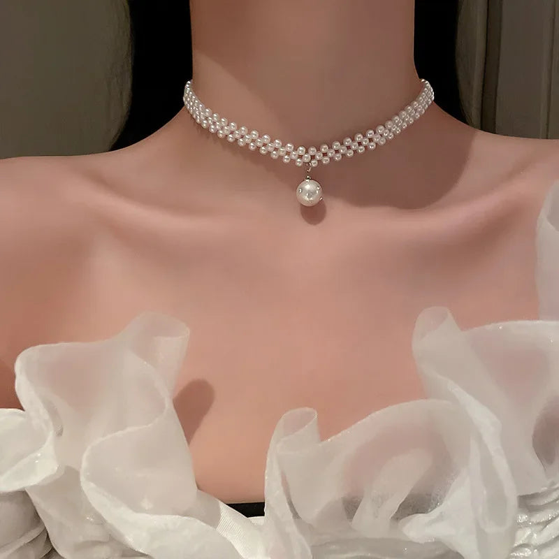 Multilayer Pearl Choker Necklaces