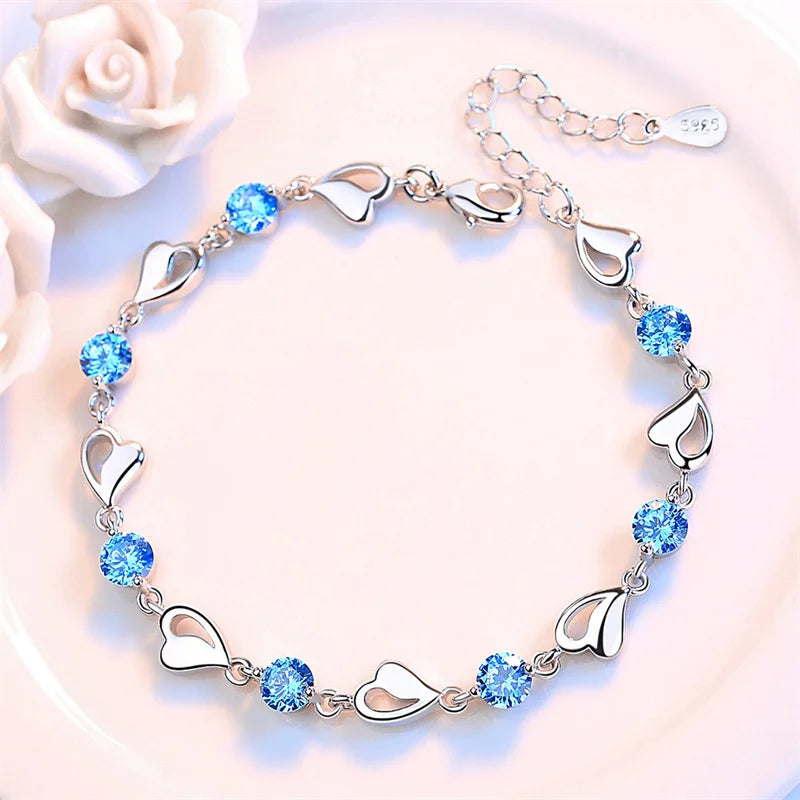 Sterling Silver Heart-Shaped Diamond Bracelet