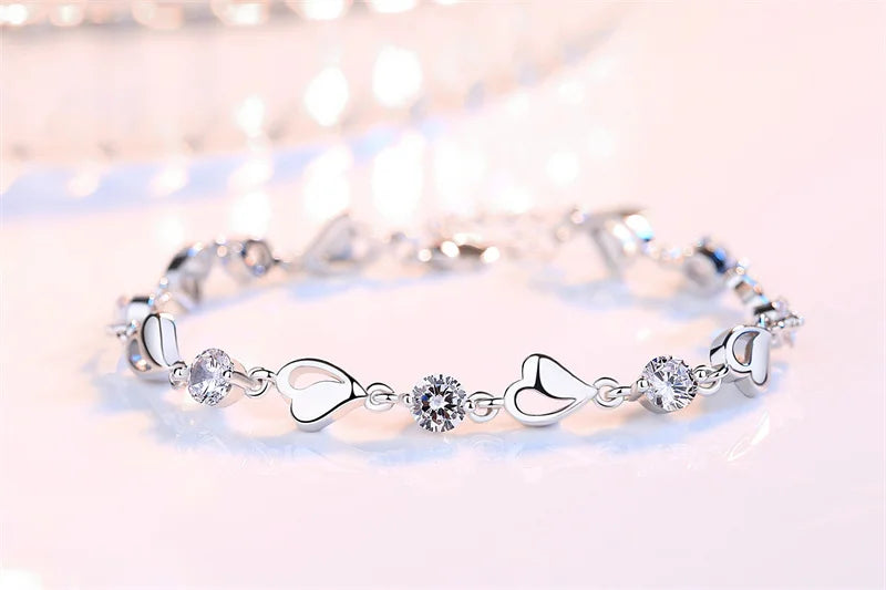 Sterling Silver Heart-Shaped Diamond Bracelet